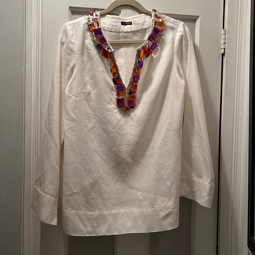 White linen split neck blouse with large pink purple orange & red jewels size 6